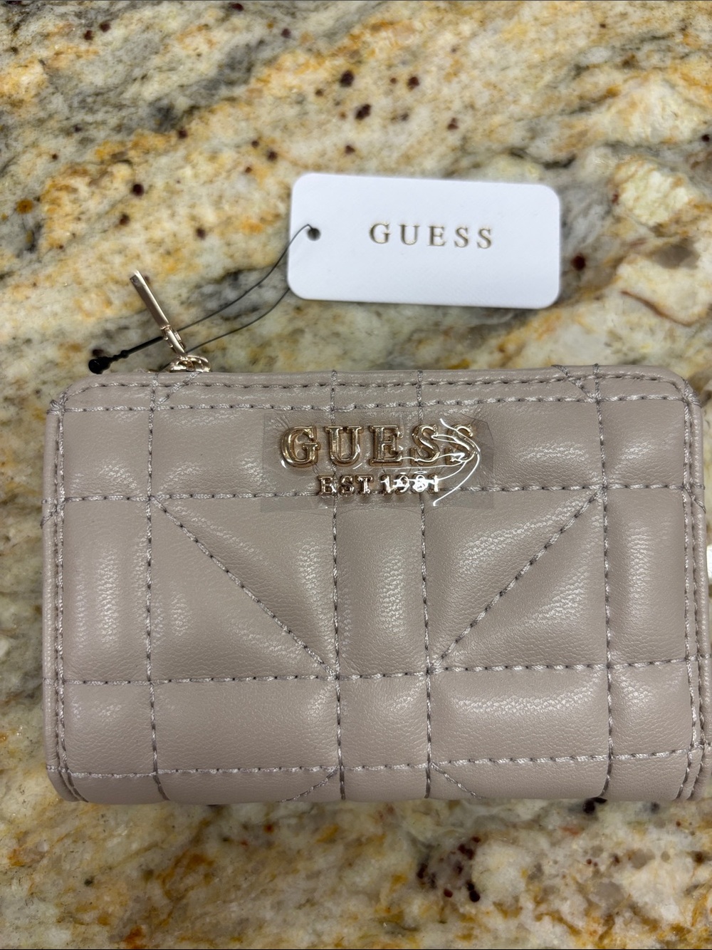 GUESS Quilted Small Wallet in Taupe with Gold Logo